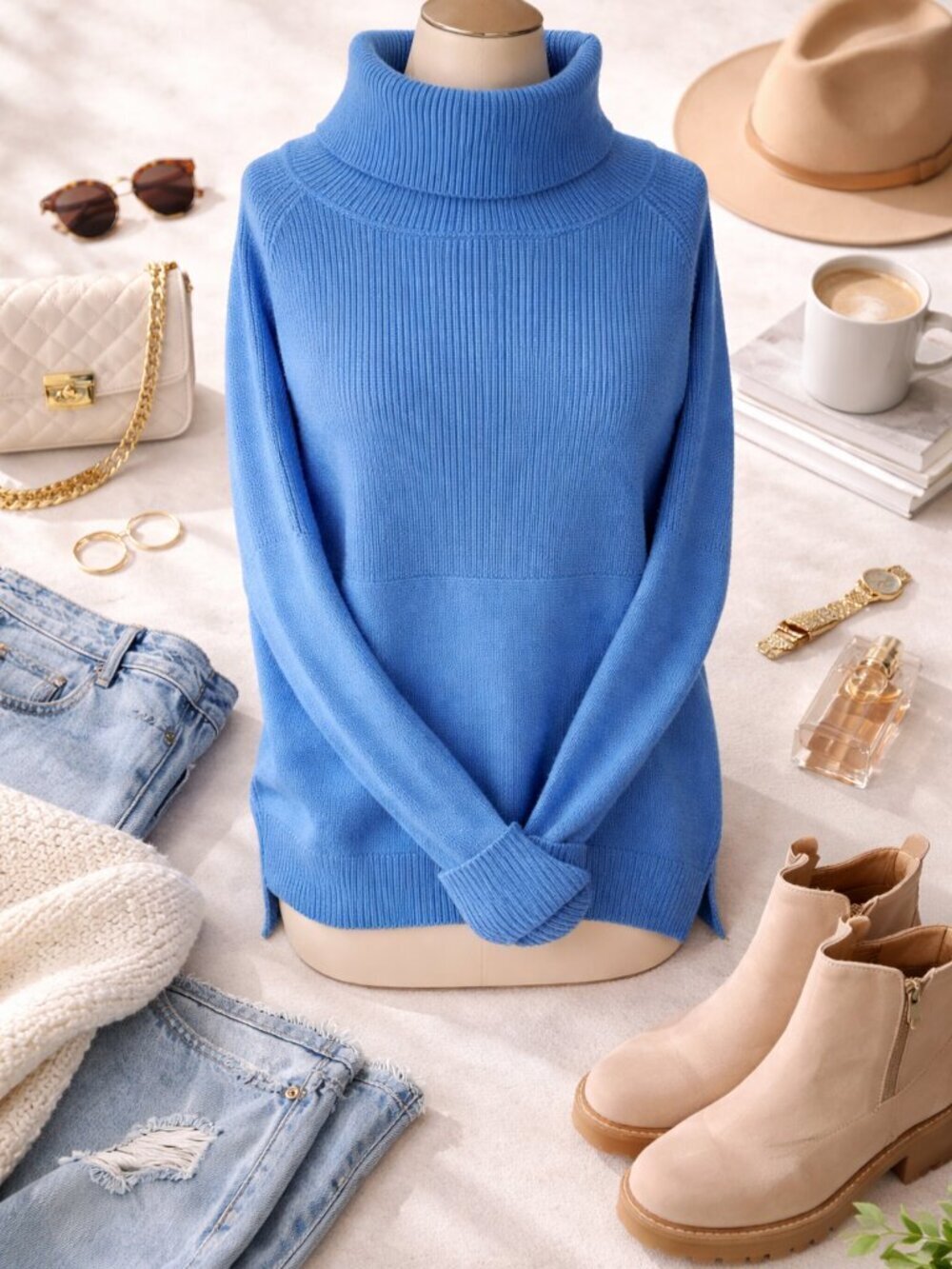 NWT Patrizia Luca Blue Oversized Turtleneck Sweater Size L Slouchy Knit